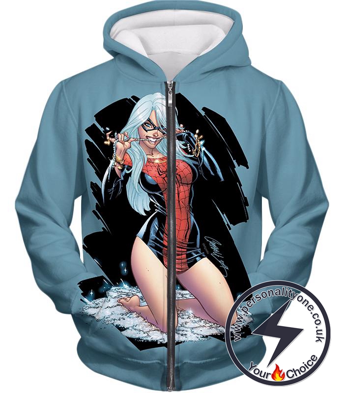 Sexy Black Cat in Spidey Suit Hot Blue Zip Up Hoodie